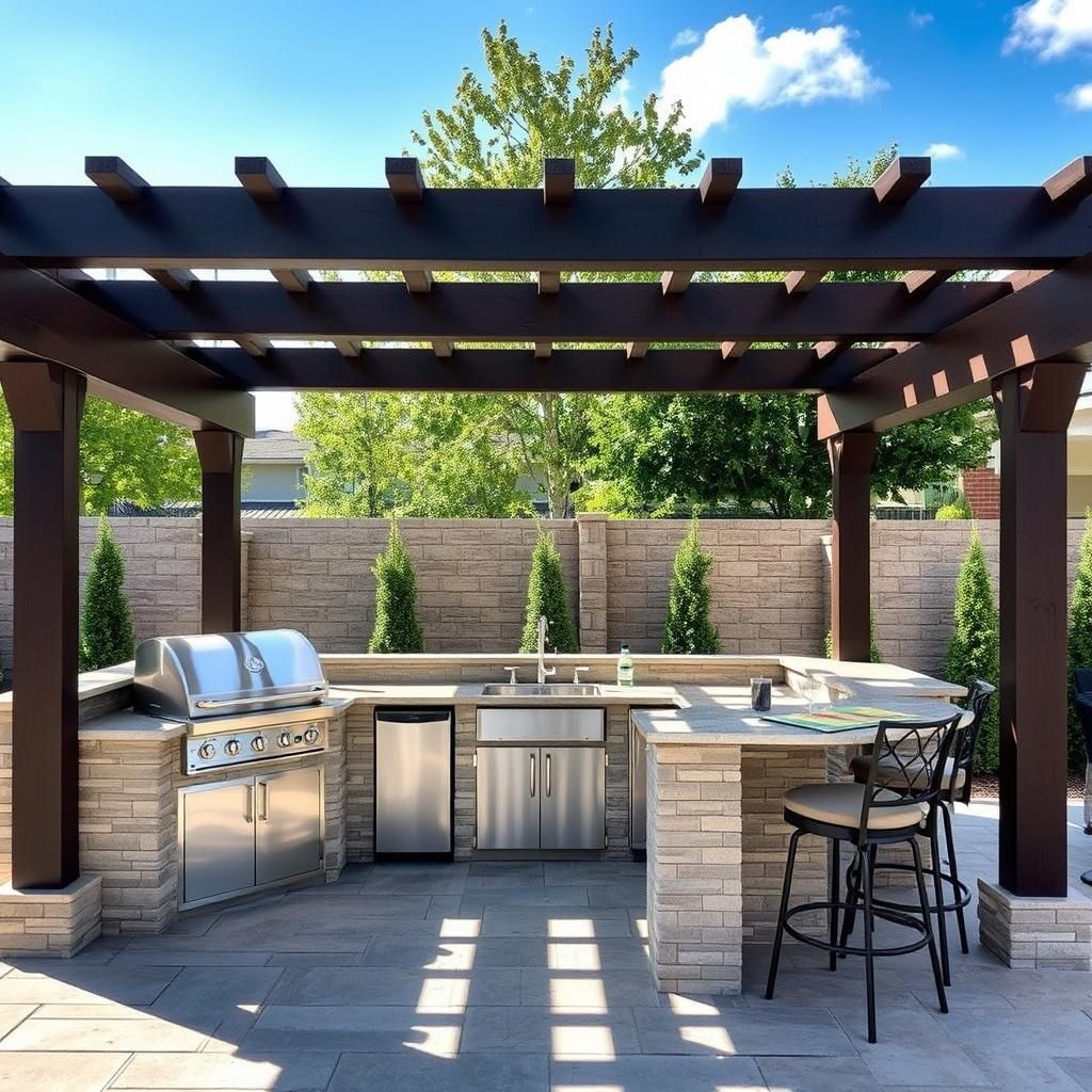 Outdoor Kitchen and Bar Area Covered by a Pergola