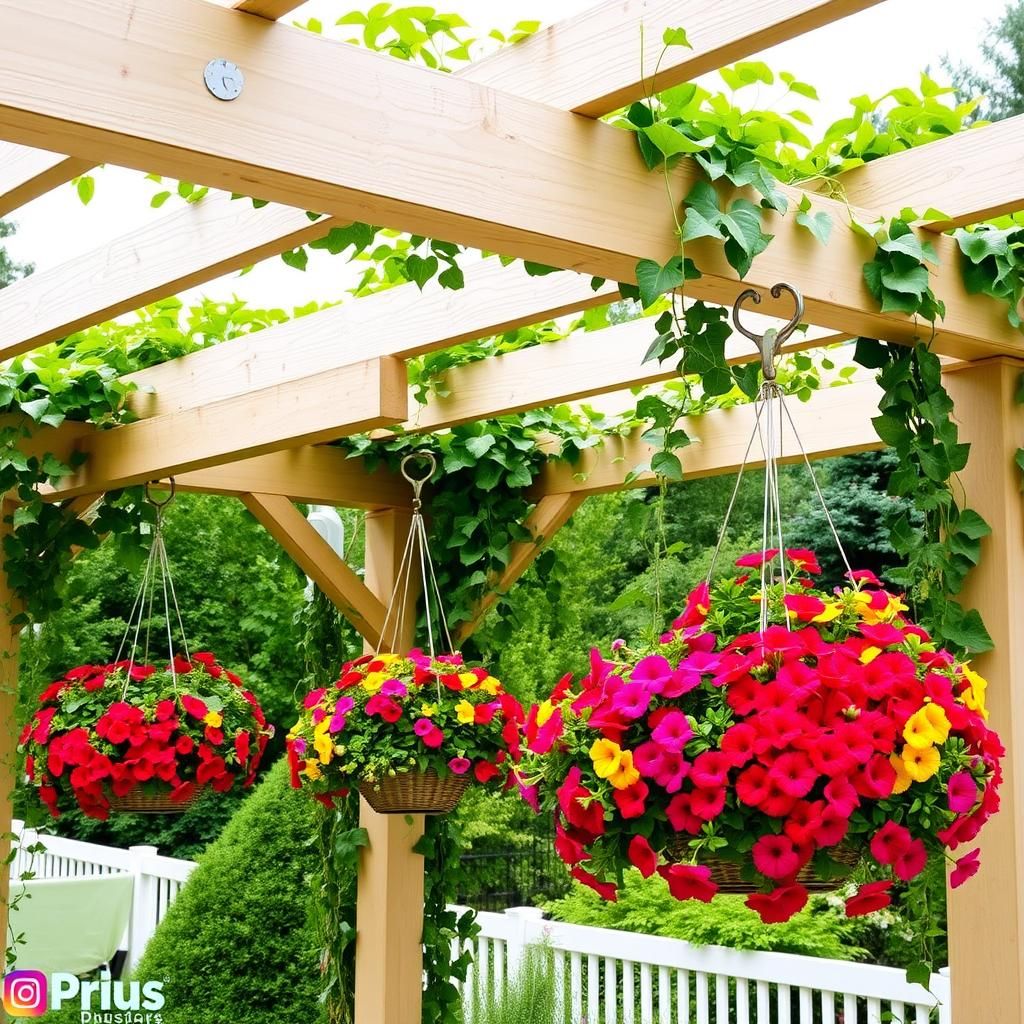 Pergola with climbing vines and hanging flower baskets