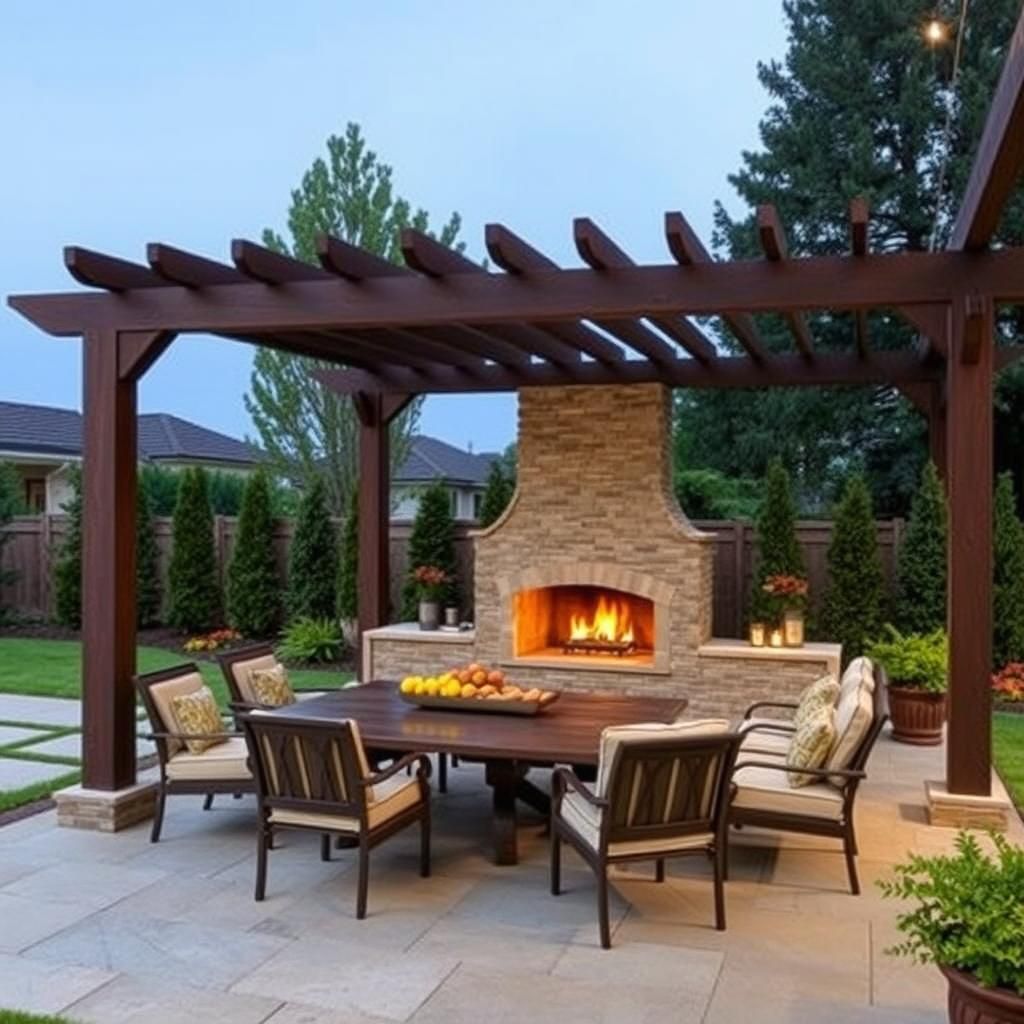 Pergola Dining Area with Outdoor Fireplace