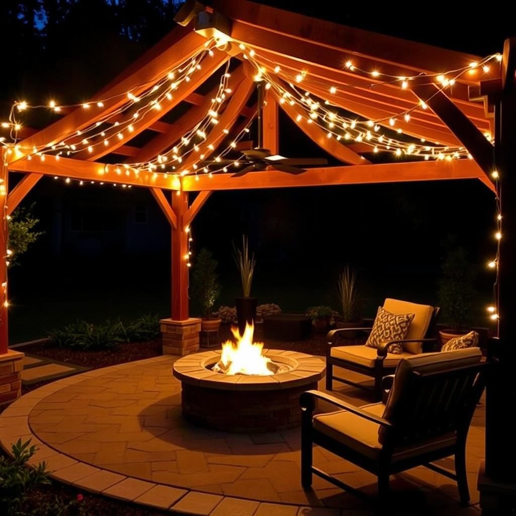 Pergola with fire feature at night