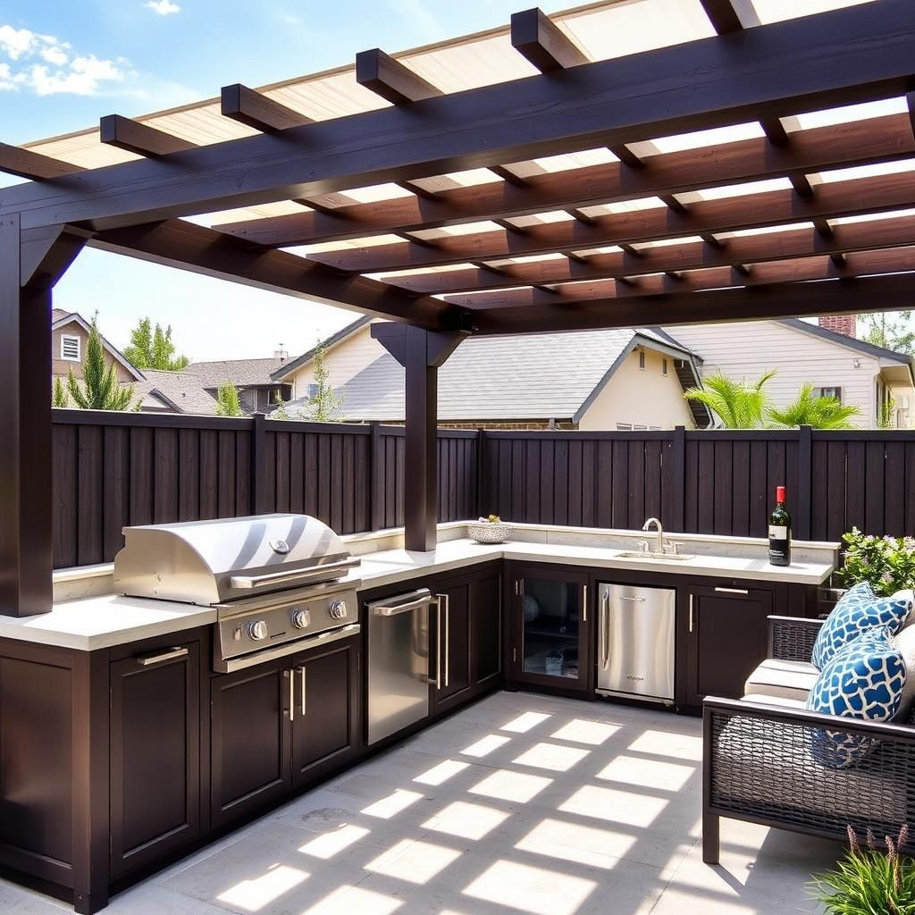 Modern pergola grill design with built-in seating and countertops.