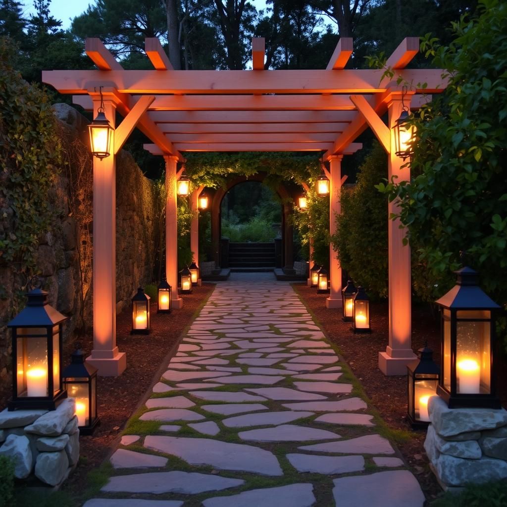 Stone Pathway Lit by Lanterns Leading to Pergola