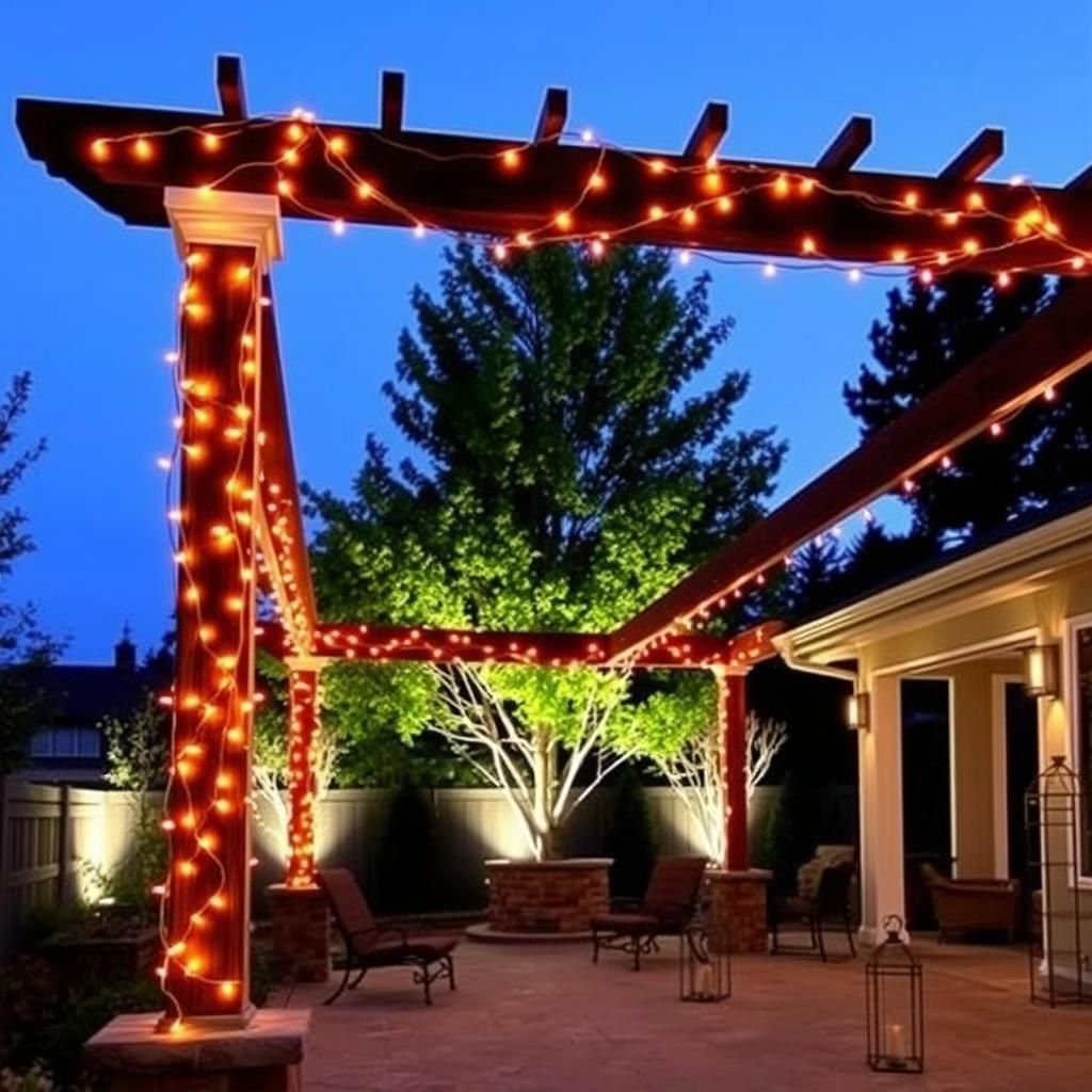 Outdoor patio with pergola and lighting