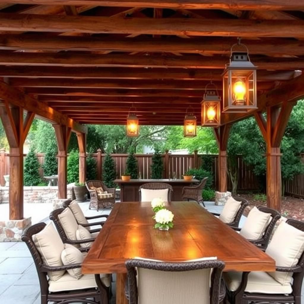 Outdoor dining area under a pergola