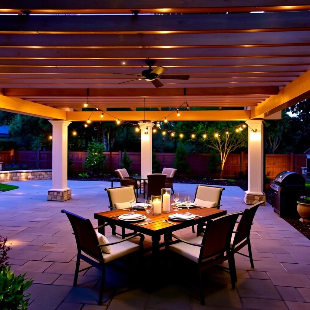 Outdoor dining area under a pergola