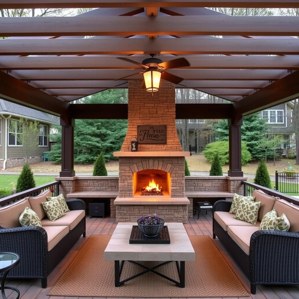 Inviting Back Porch Pergola with Outdoor Fireplace