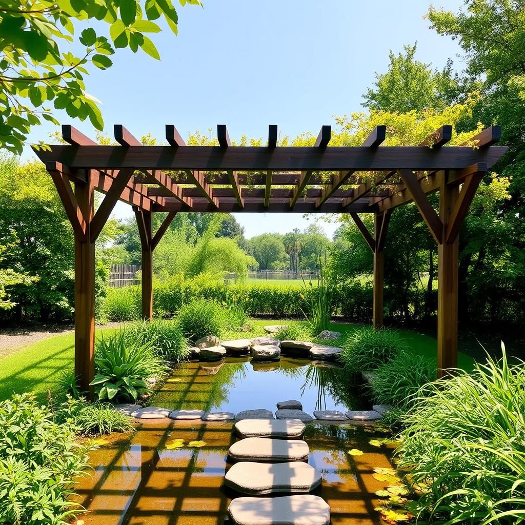 Wooden pergola over a pond in a garden