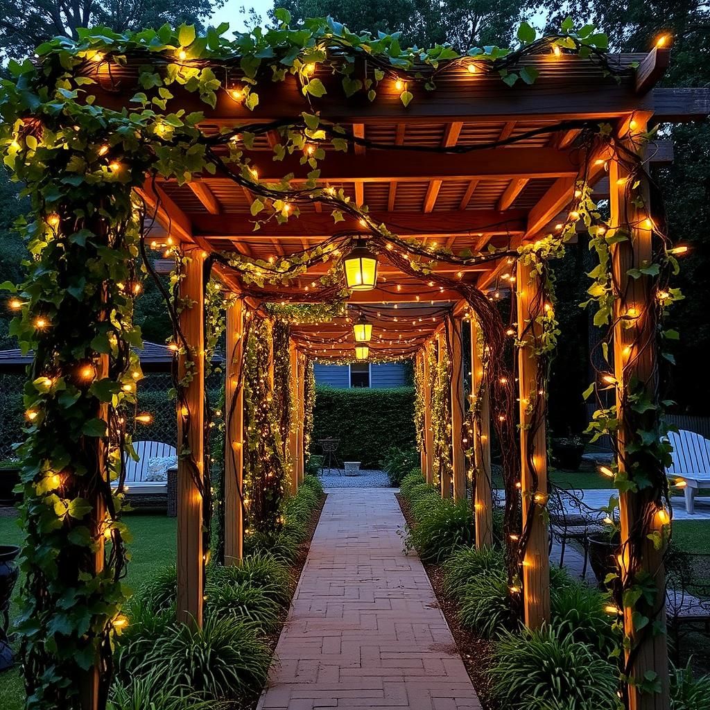 Pergola pathway adorned with climbing vines and string lights