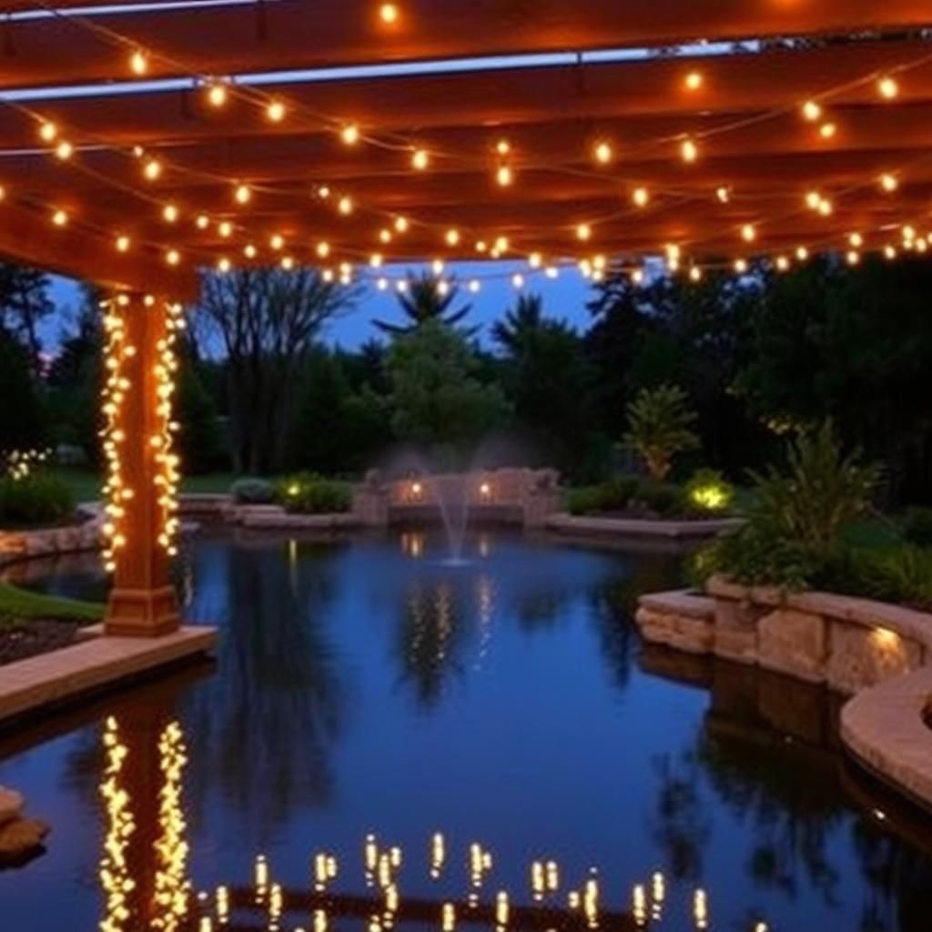 Pergola over a pond illuminated at night