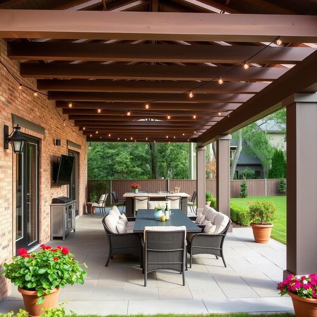 Spacious pergola porch featuring an outdoor dining area perfect for entertaining.