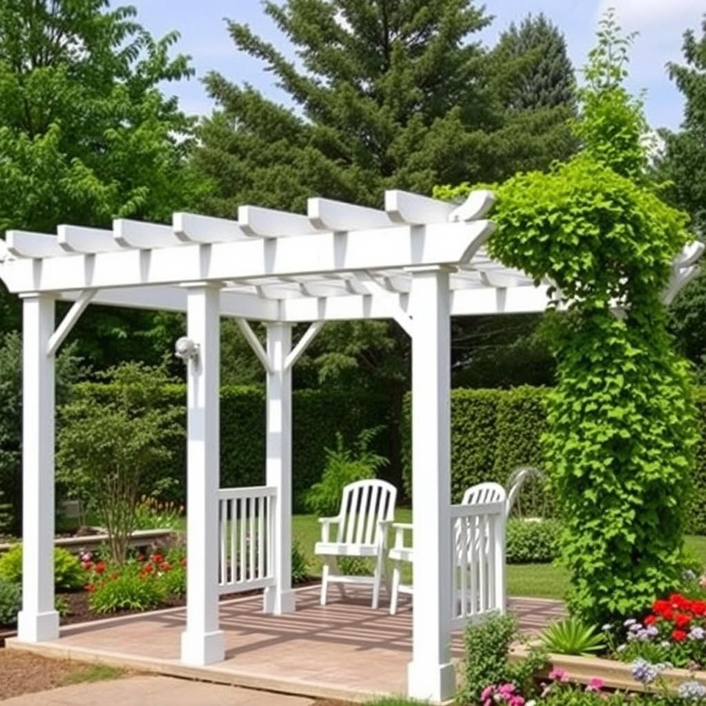 Pergola with rounded rafter tails in a garden setting