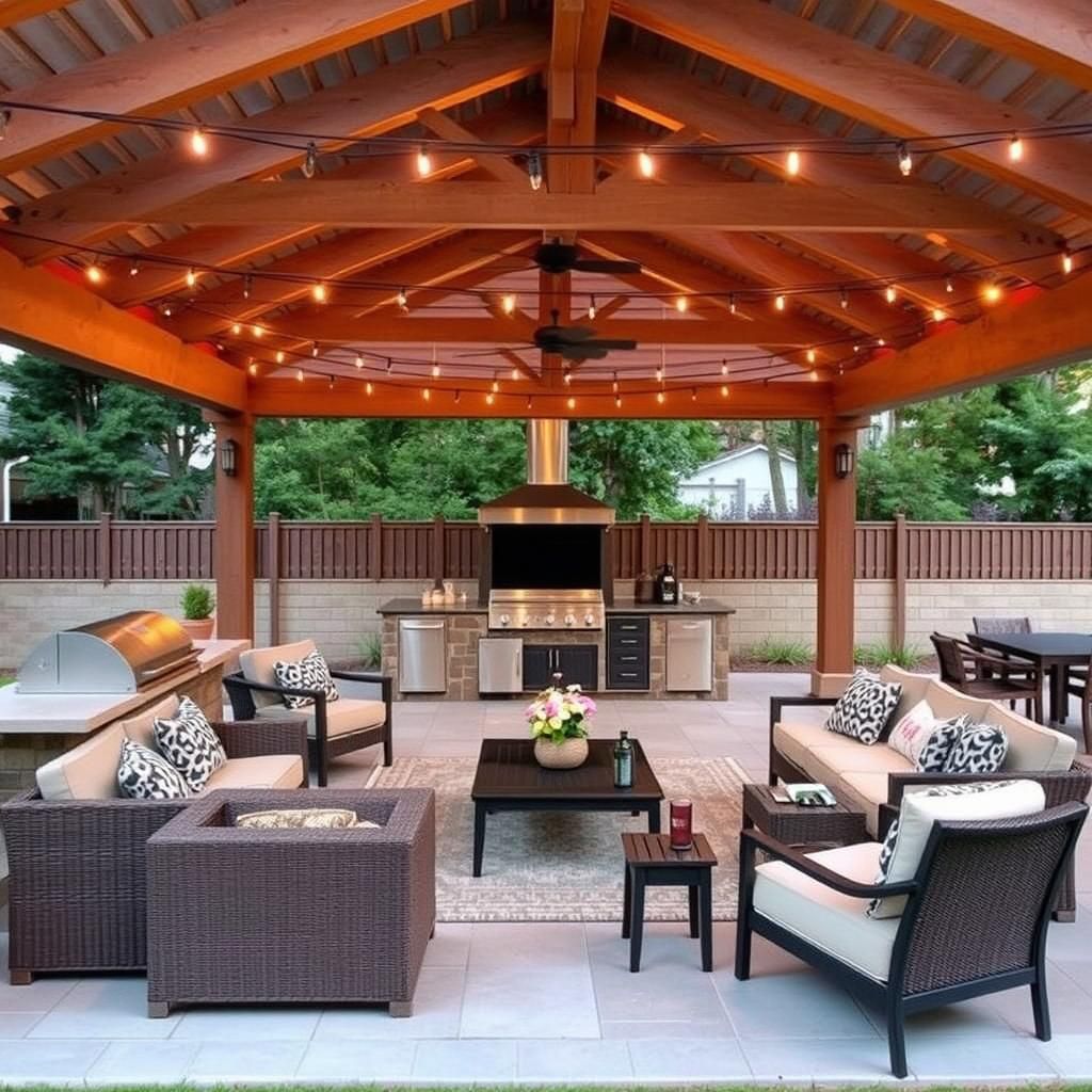 Pergola seating area with outdoor kitchen