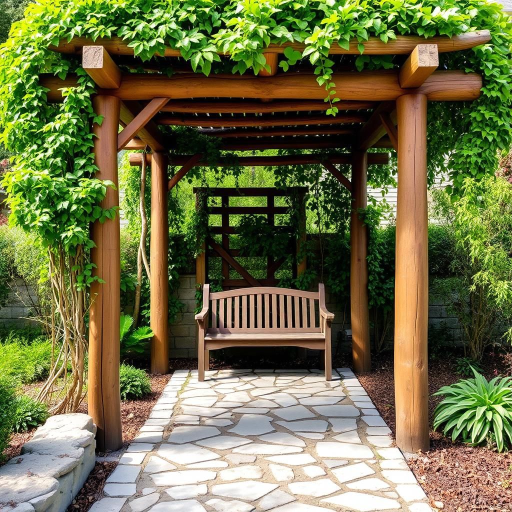 rustic pergola walkway with stone path