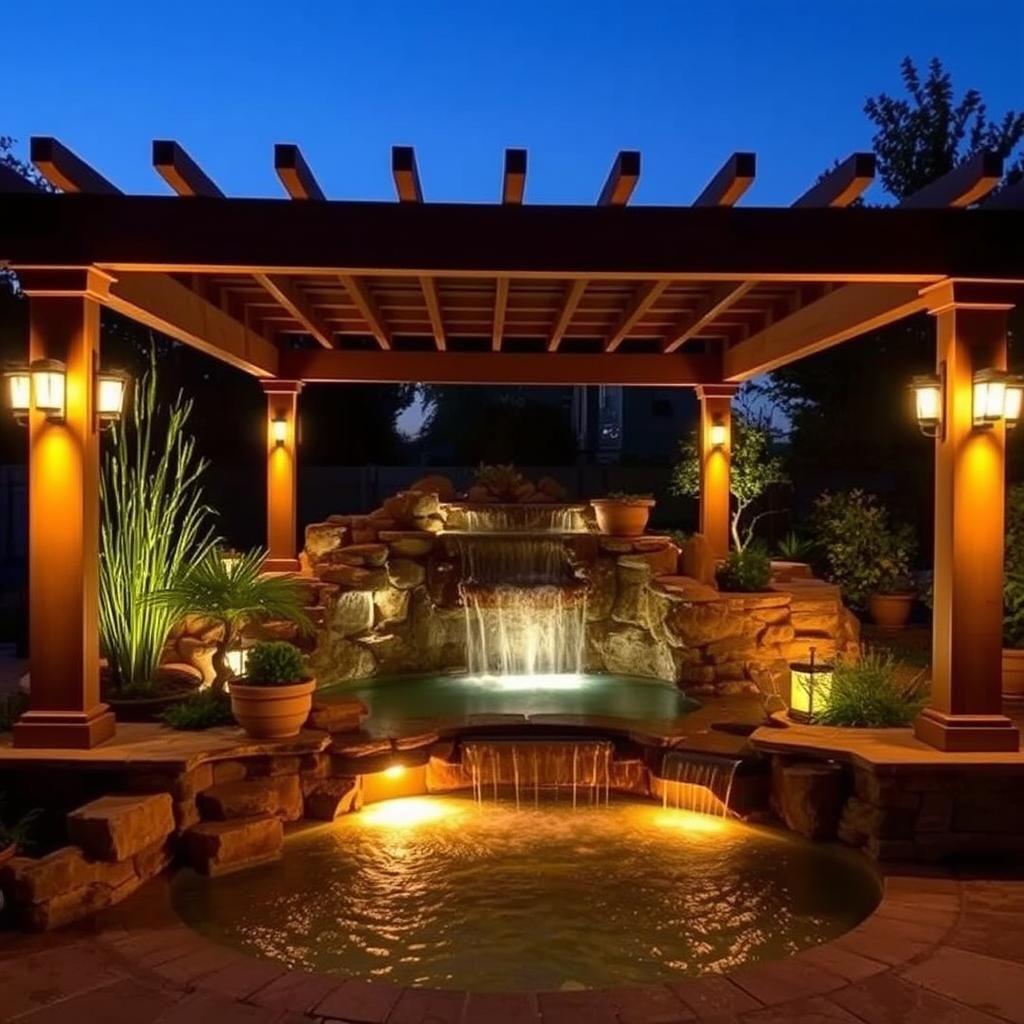 Illuminated pergola and waterfall at night, creating a magical atmosphere