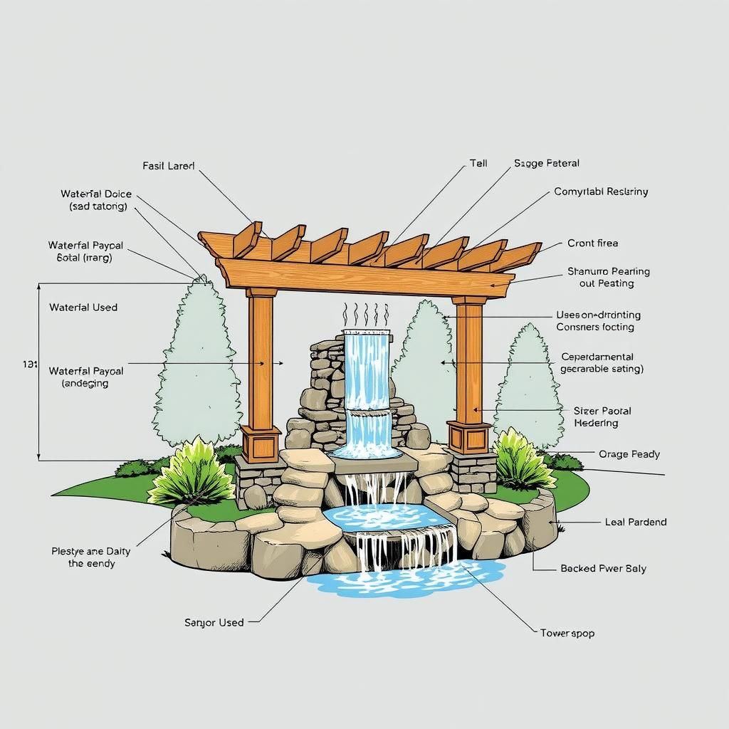 Pergola and waterfall design plan illustration