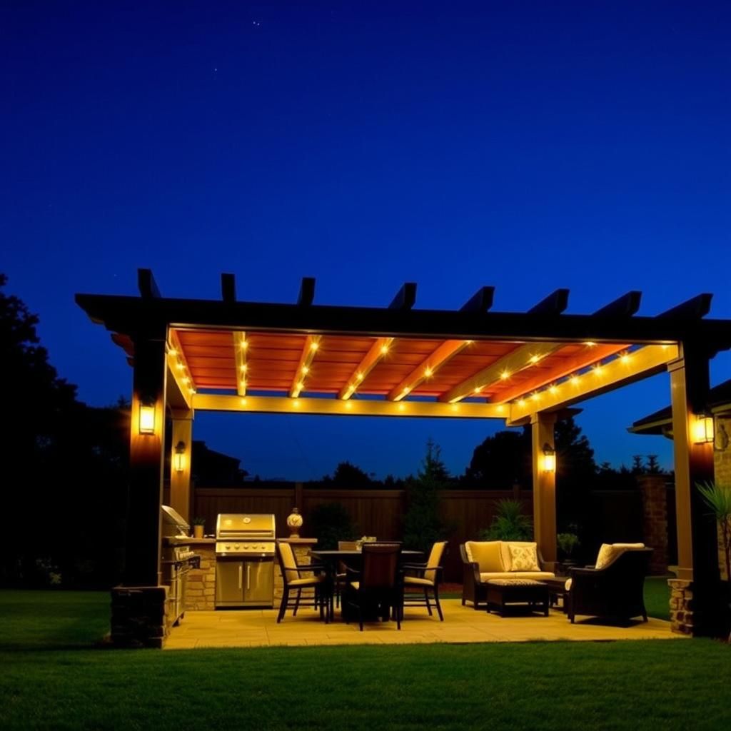 Pergola with BBQ, Dining and Lounge Area at Night