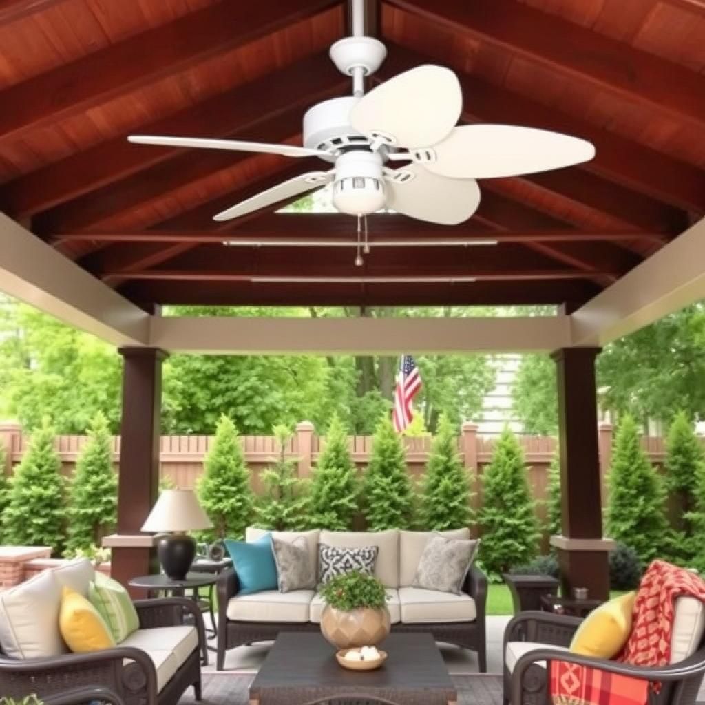 A pergola with a ceiling fan and outdoor furniture.