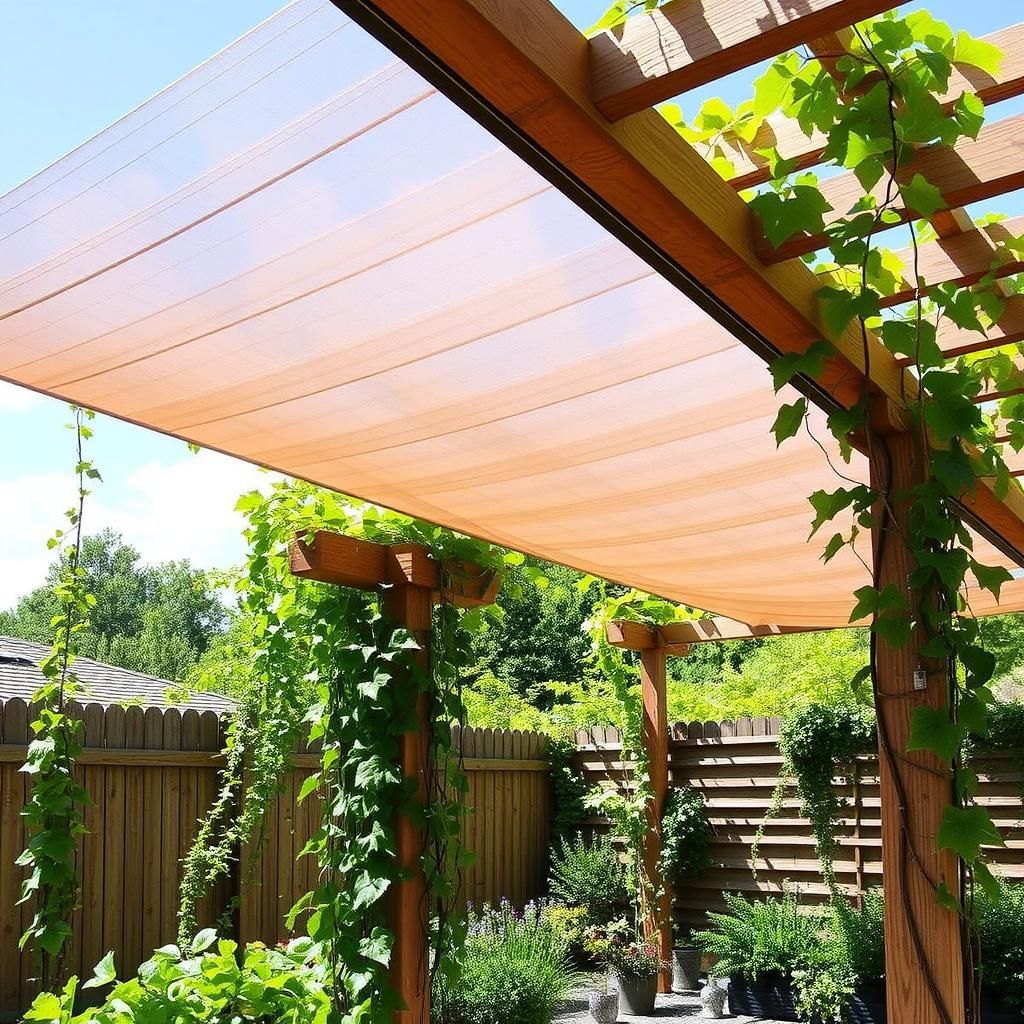 Pergola with Climbing Vines and Mesh Shade Cloth