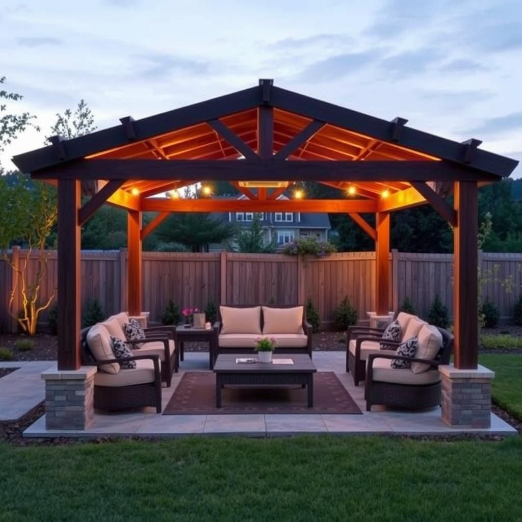 Pergola with comfortable seating and outdoor lighting