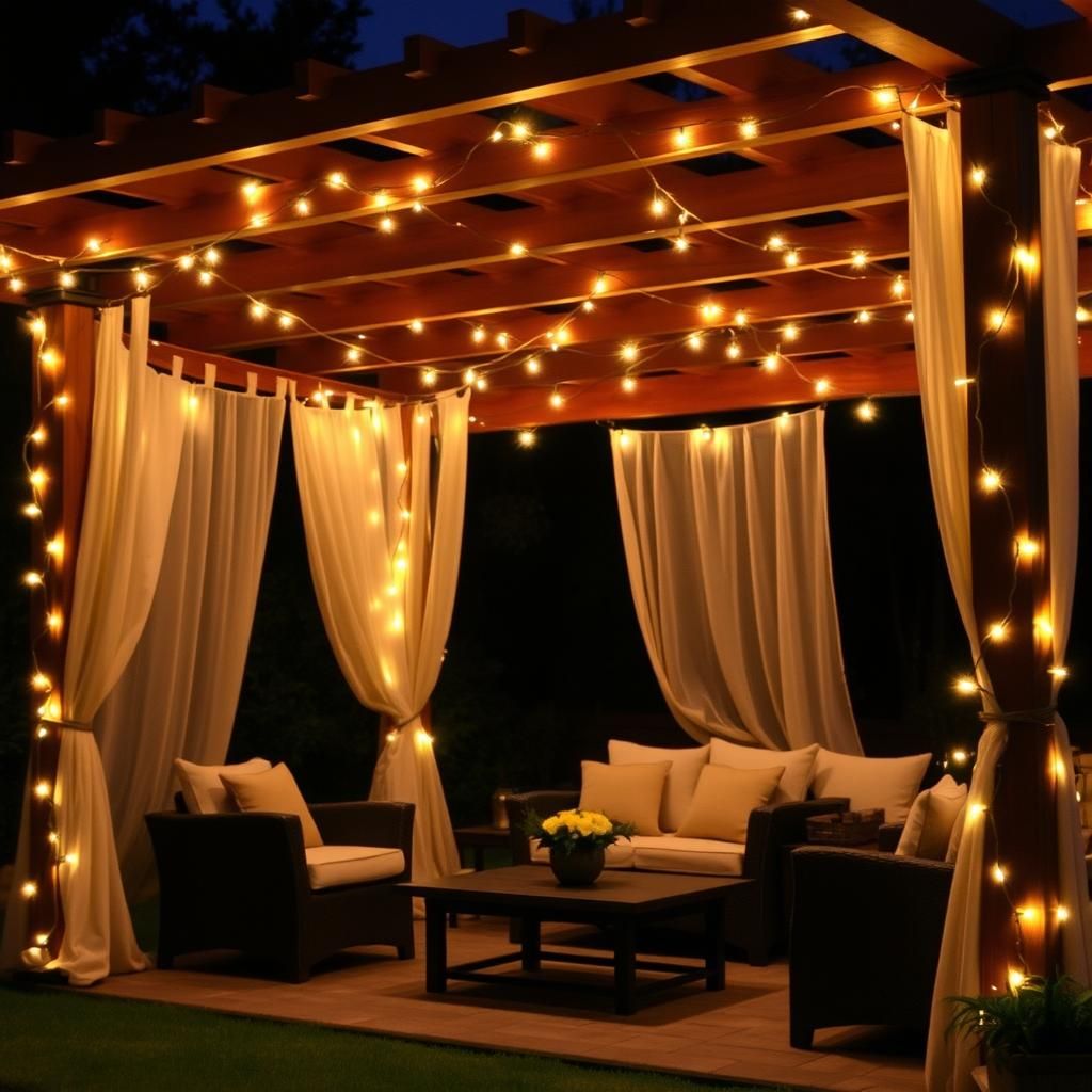 Pergola with curtains and lights