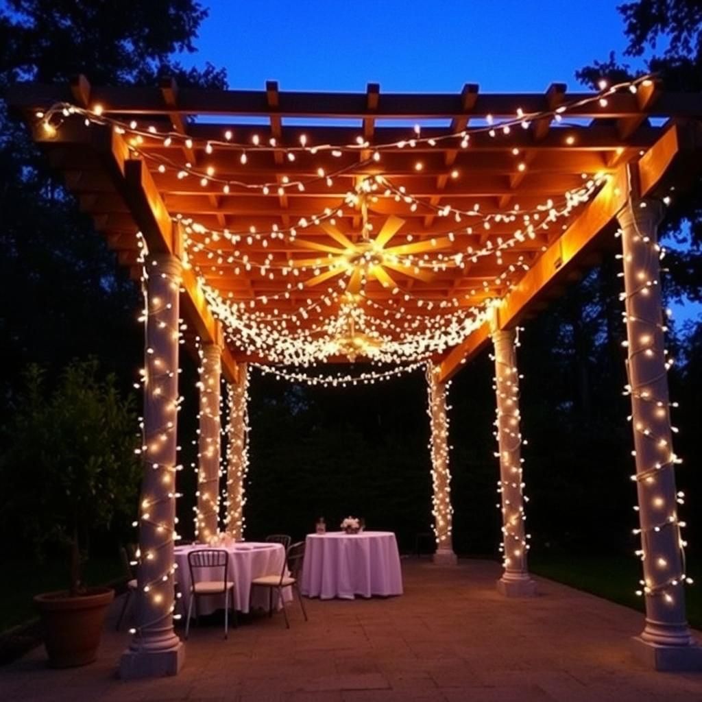 Fairy lights adorn a pergola, creating a magical ambiance