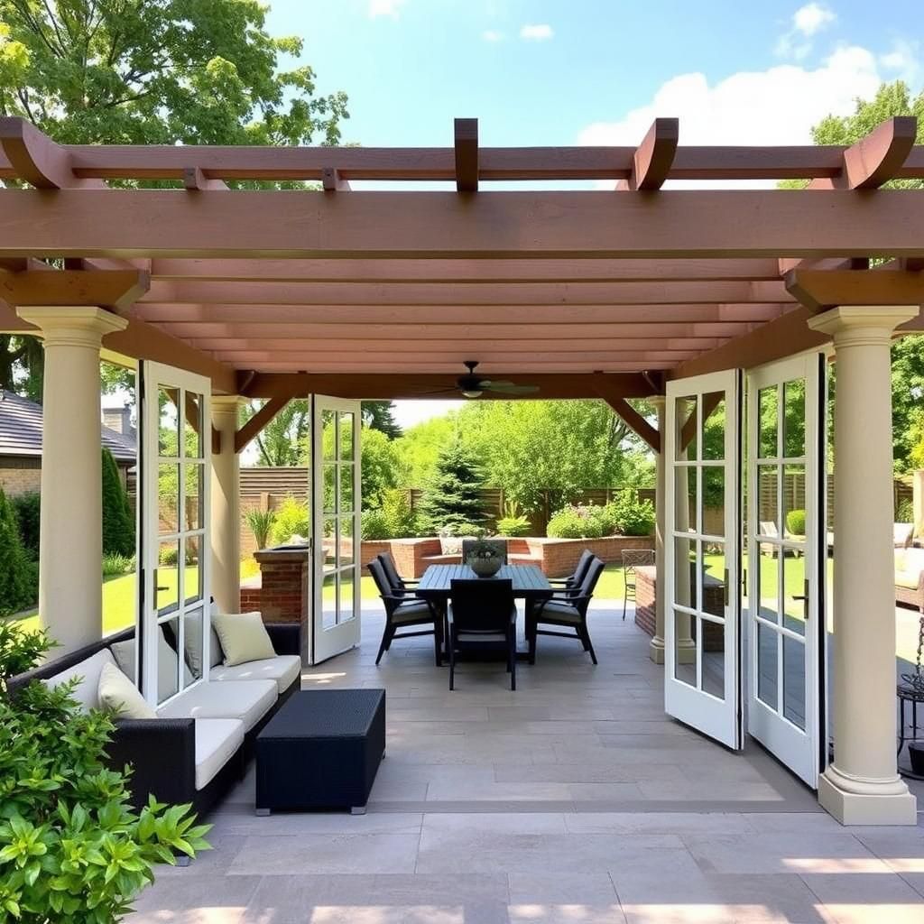 Pergola with French Doors and Outdoor Furniture