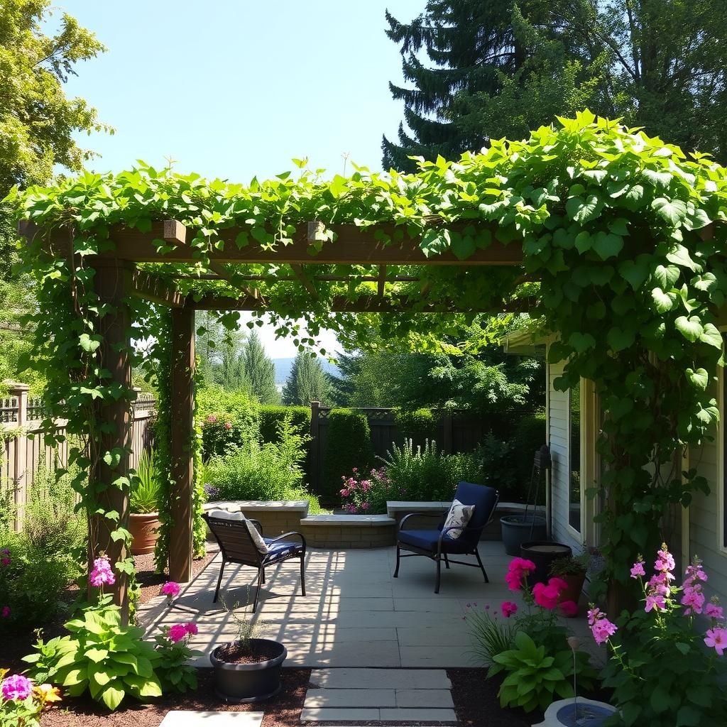 Pergola with climbing vines and surrounding greenery