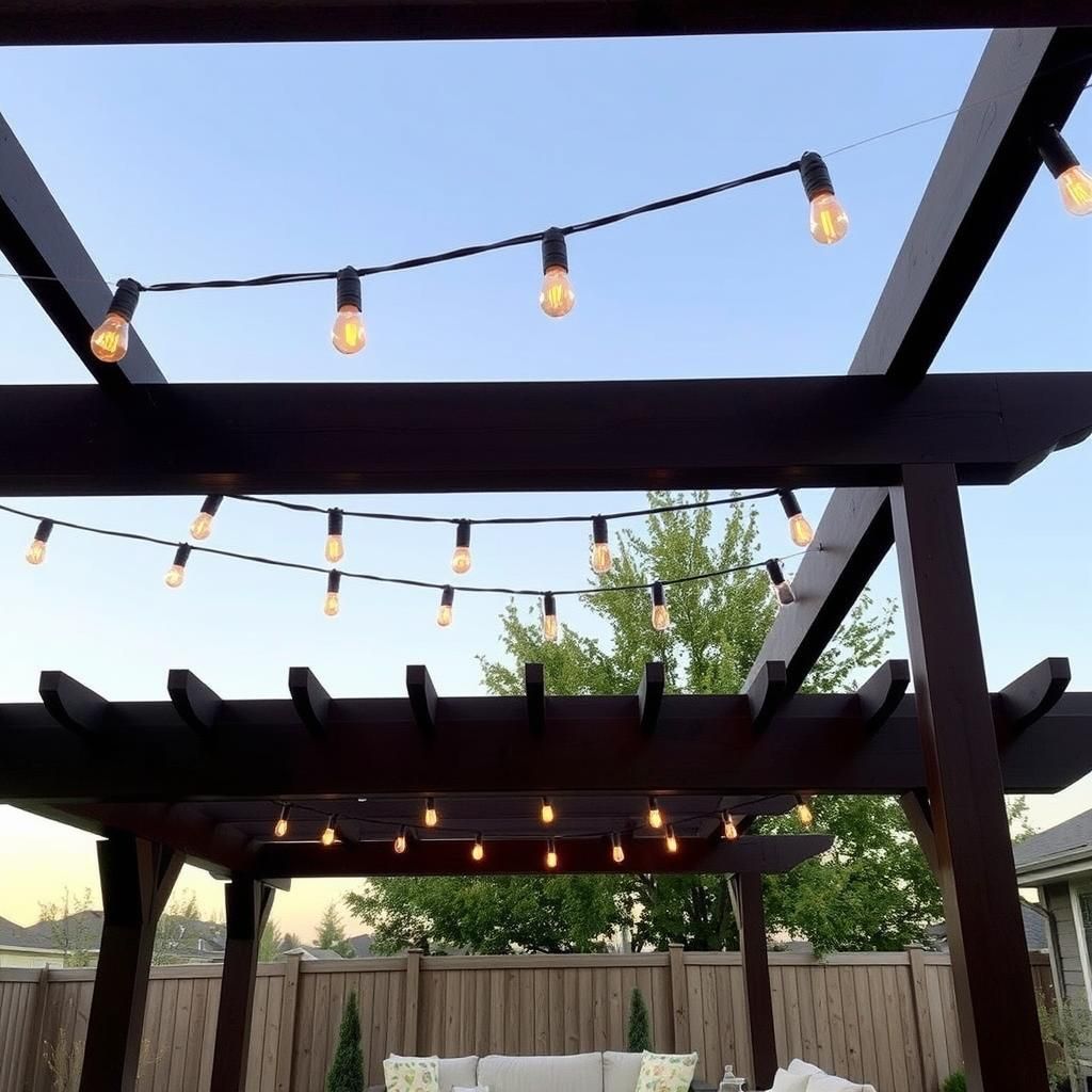 Cozy pergola illuminated by string lights at night