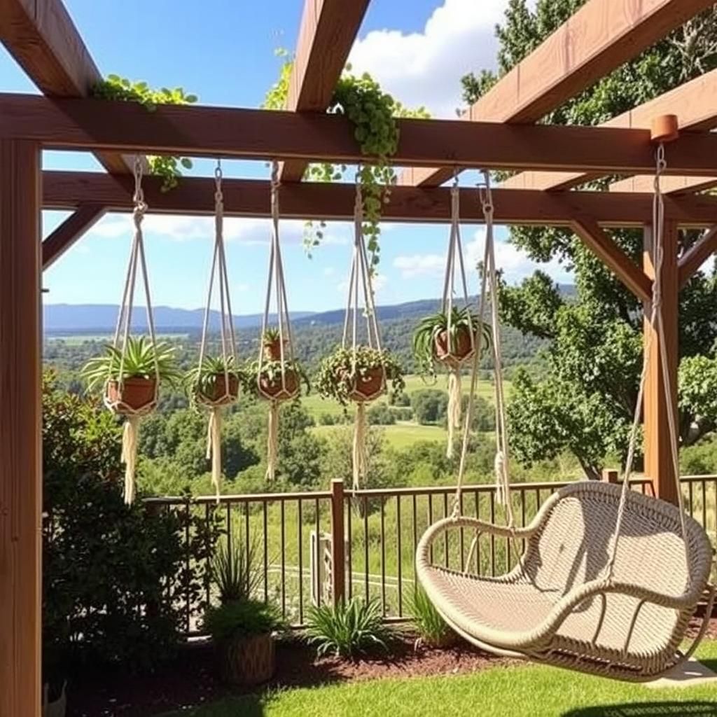 Pergola with Hanging Macrame Plant Hangers and Wicker Swing