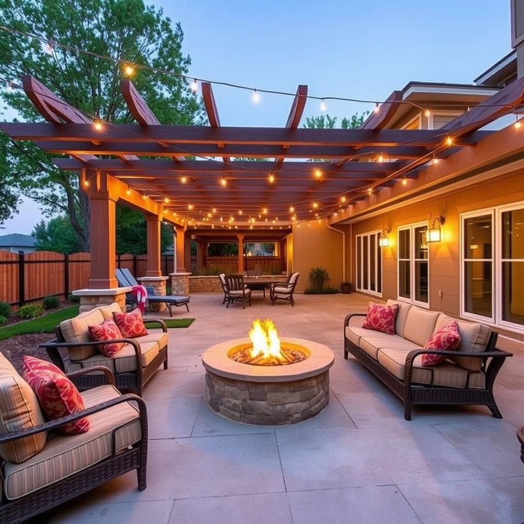 A pergola with lounge chairs and a fire pit