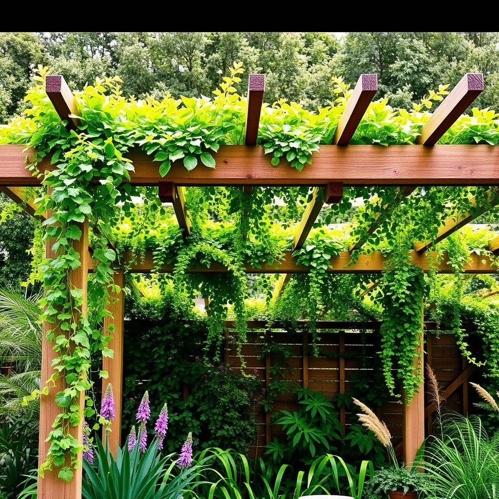 A pergola adorned with a vibrant living roof overflowing with plants