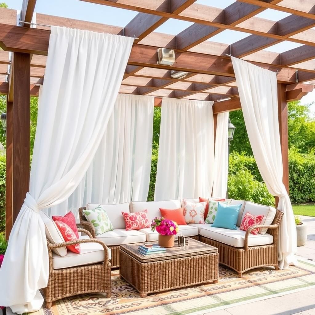 Pergola decorated with outdoor curtains and cushions