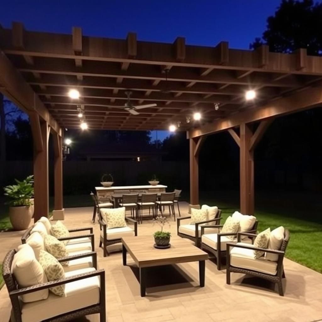 Pergola with outdoor furniture and lighting