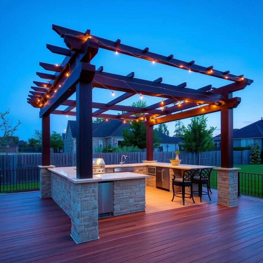 Pergola with outdoor kitchen and bar area