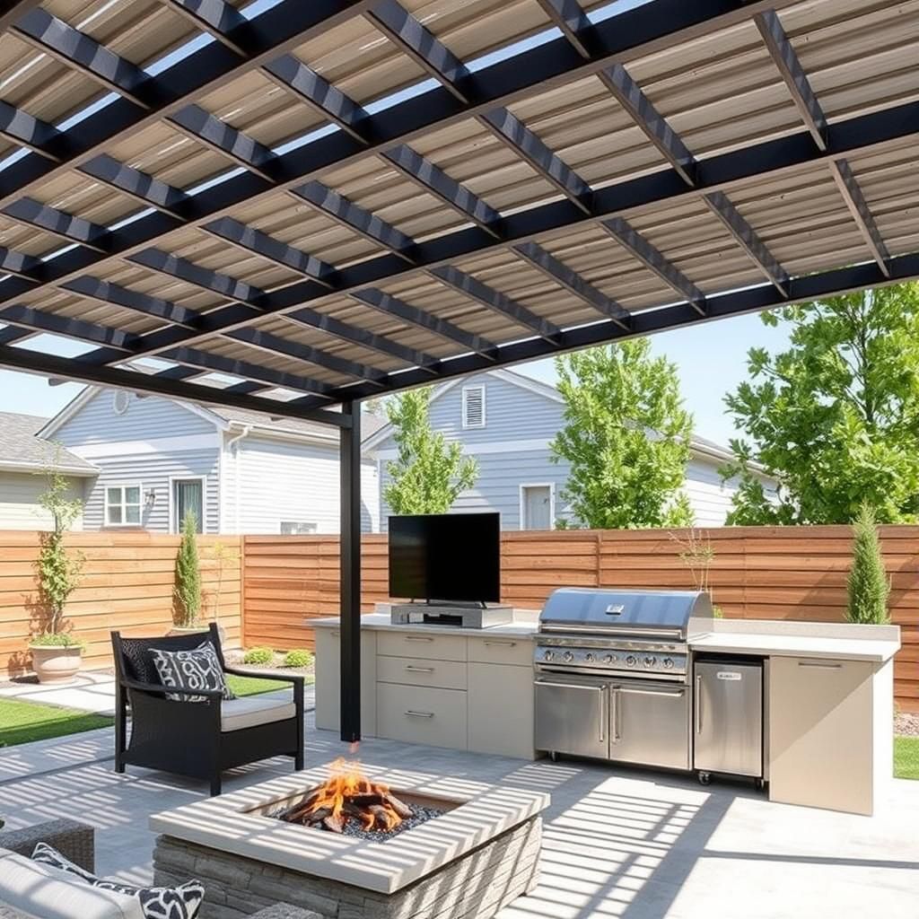 Modern Pergola with Outdoor Kitchen and Fire Pit