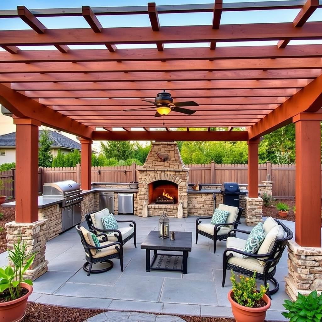 Pergola with Outdoor Kitchen and Fireplace