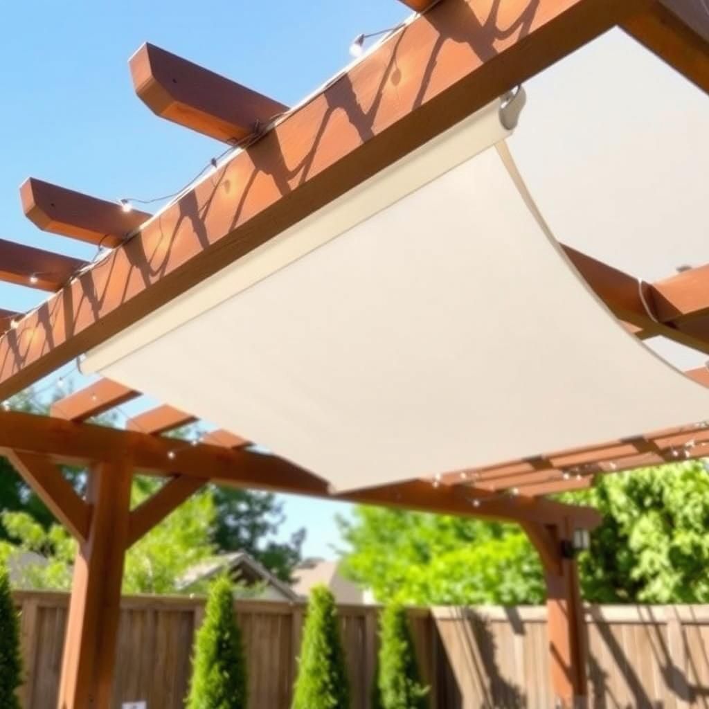 Pergola with retractable fabric canopy and string lights