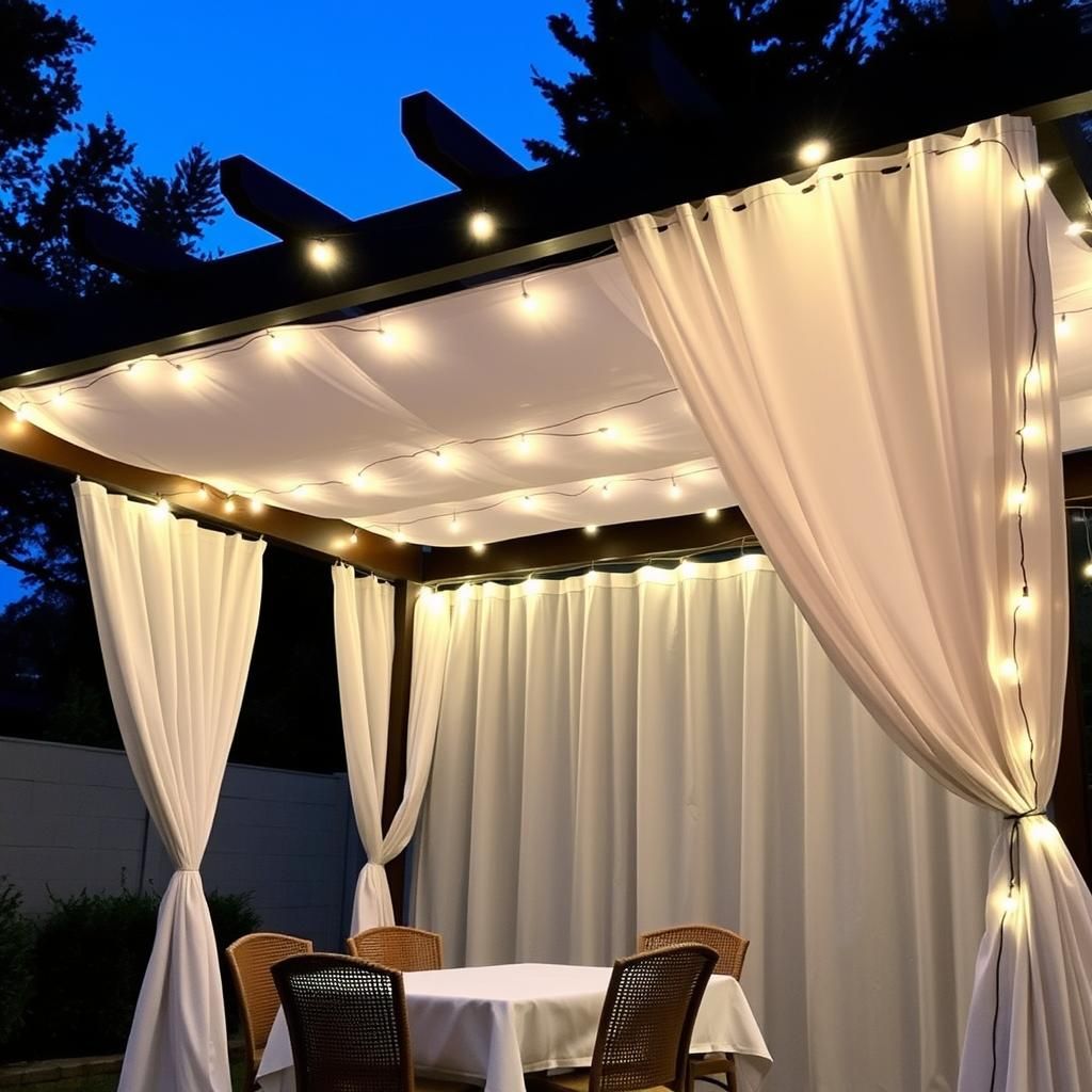 Pergola with Sheer Curtains and String Lights