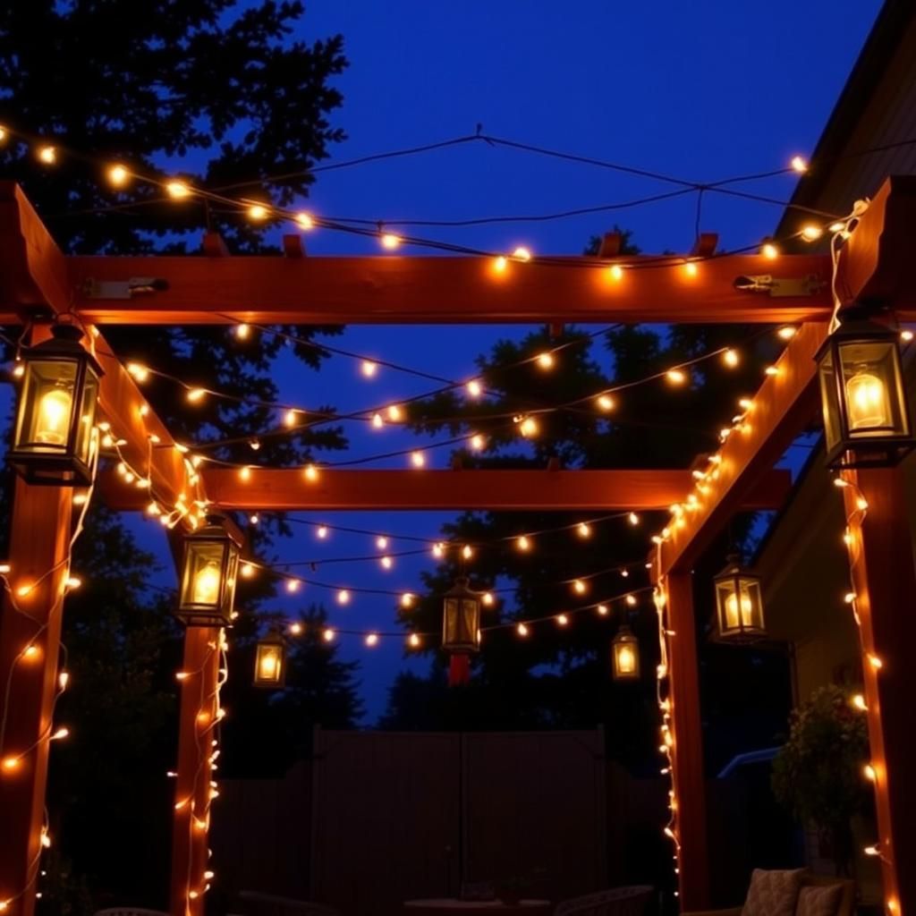 Pergola with String Lights and Lanterns