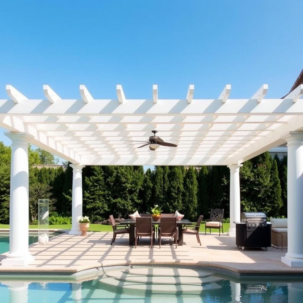 Elegant Pool Deck Pergola with Outdoor Dining Area