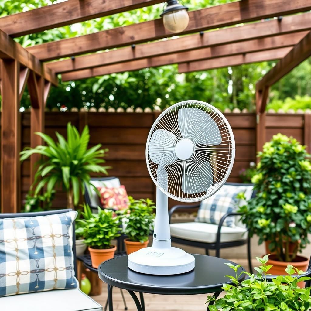 A white portable fan placed on a table in a pergola setting.