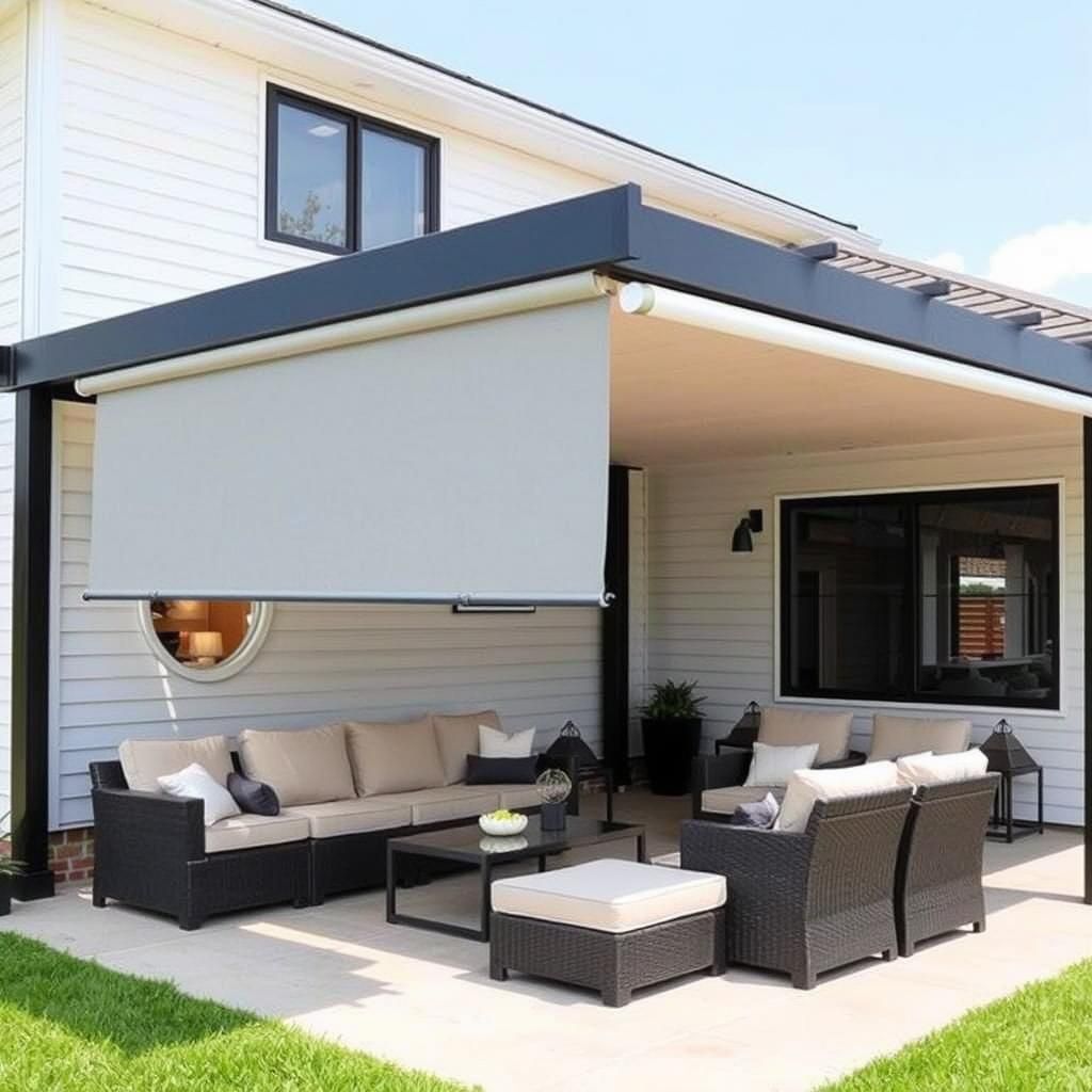 Retractable awning extended over patio furniture