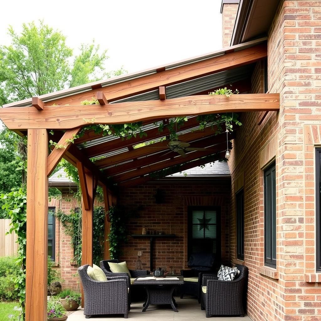 Rustic Attached Pergola with Rain Cover