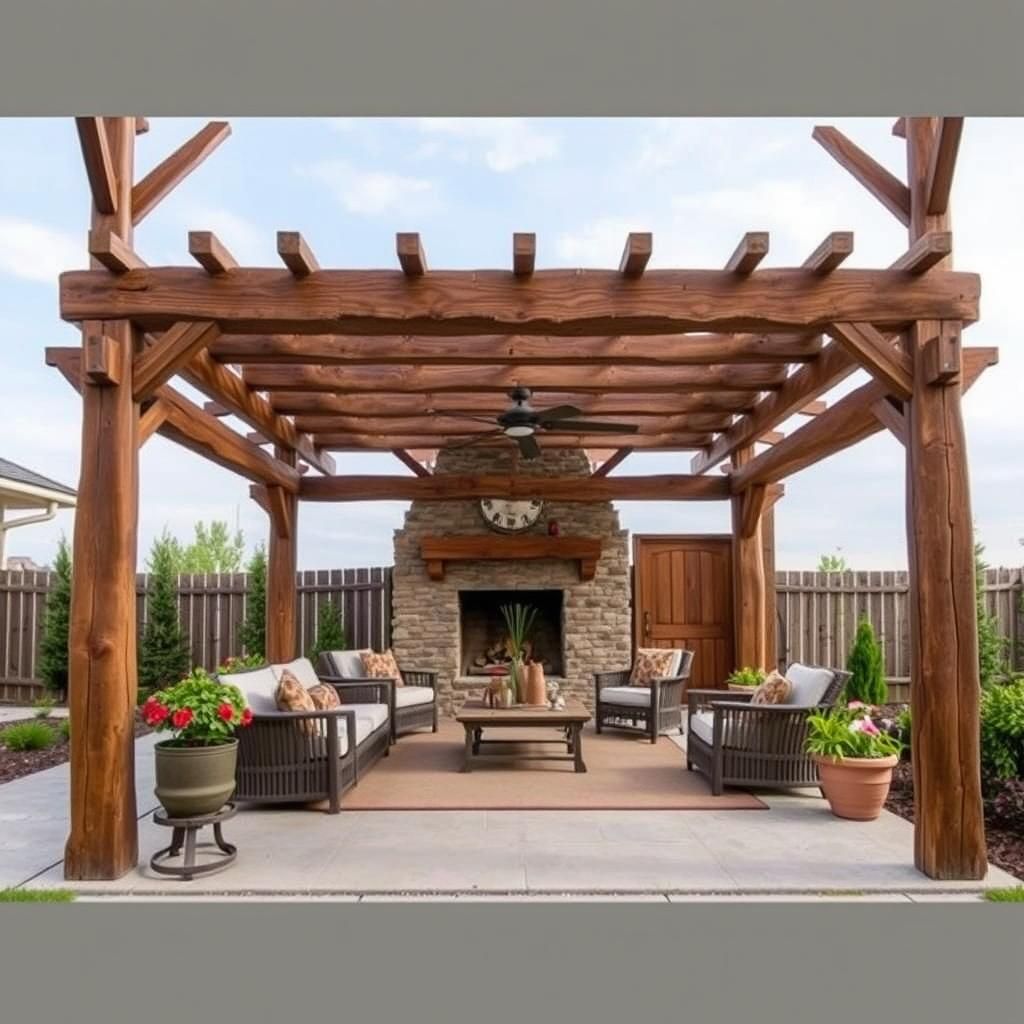 Rustic Attached Pergola with Outdoor Living Space