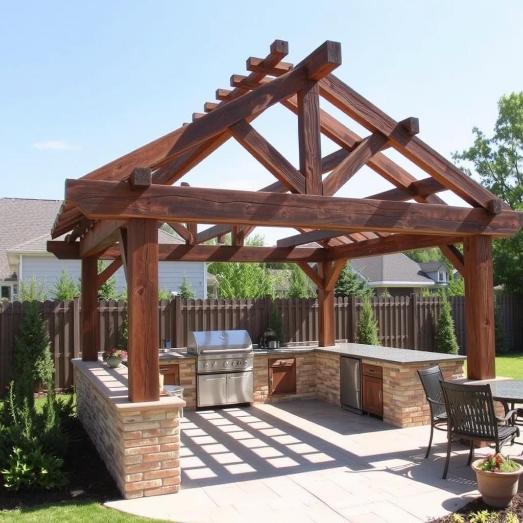 Rustic Cantilever Pergola With Outdoor Kitchen