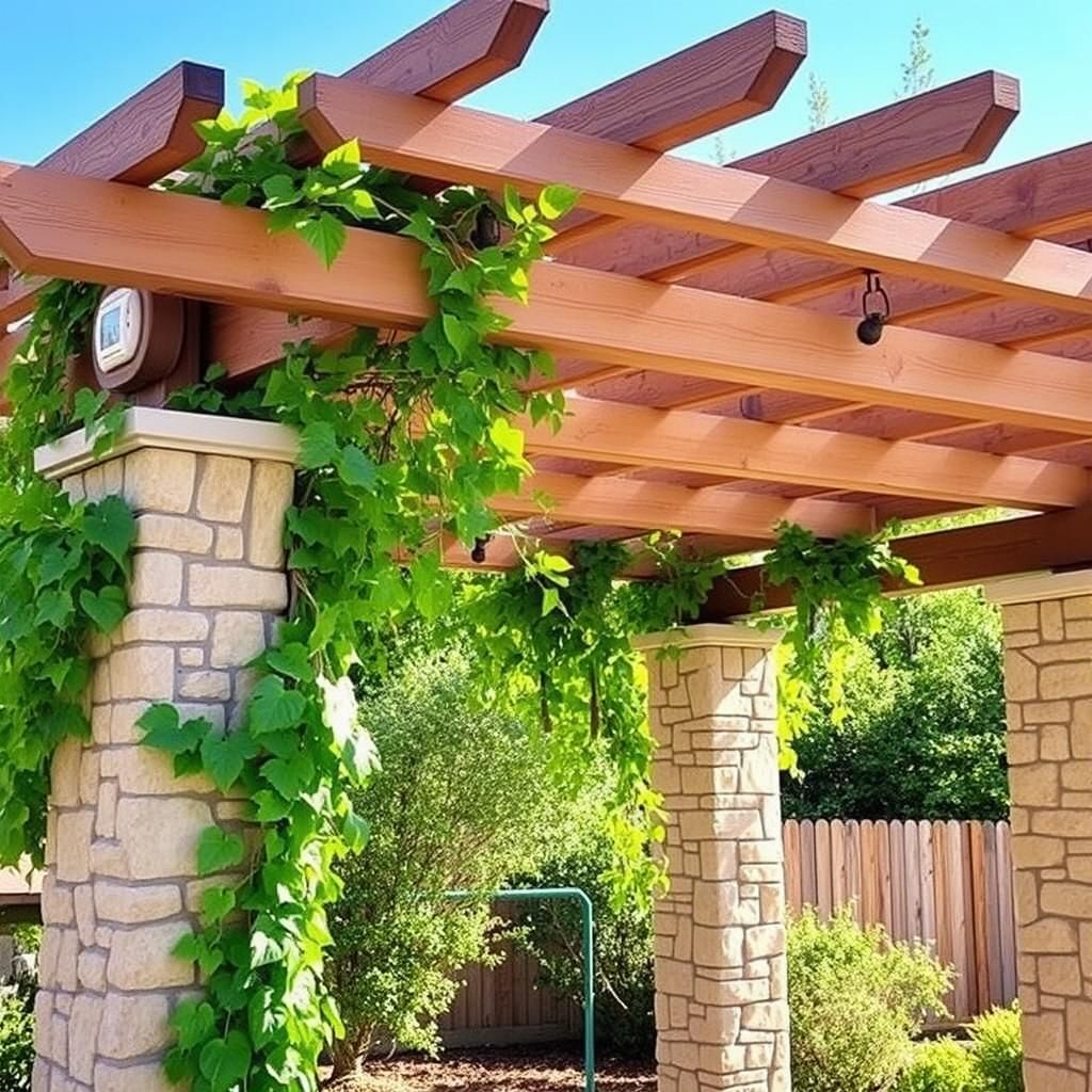 Rustic Pergola with Stone Columns and Climbing Vines