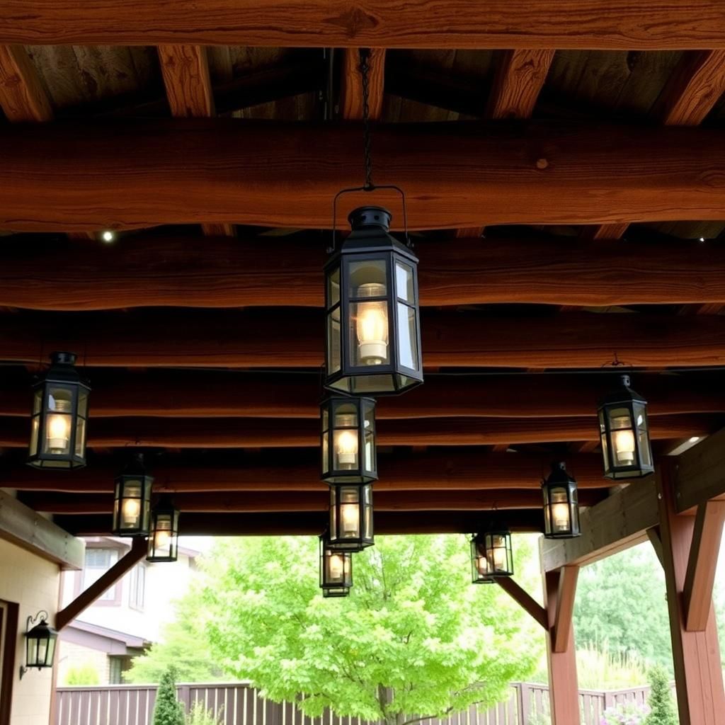 Rustic Pergola with Hanging Lanterns