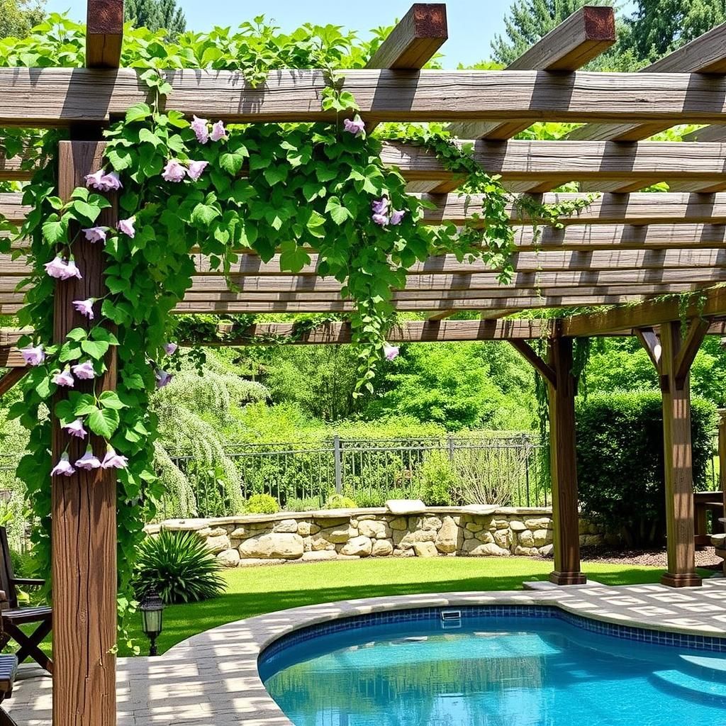 Rustic Pool Pergola with Climbing Vines