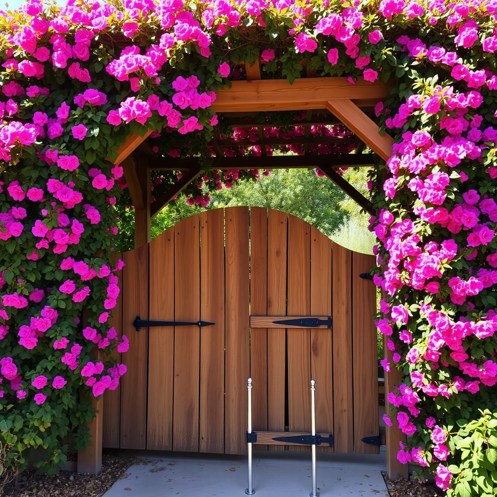 Rustic wooden gate pergola with blooming vines