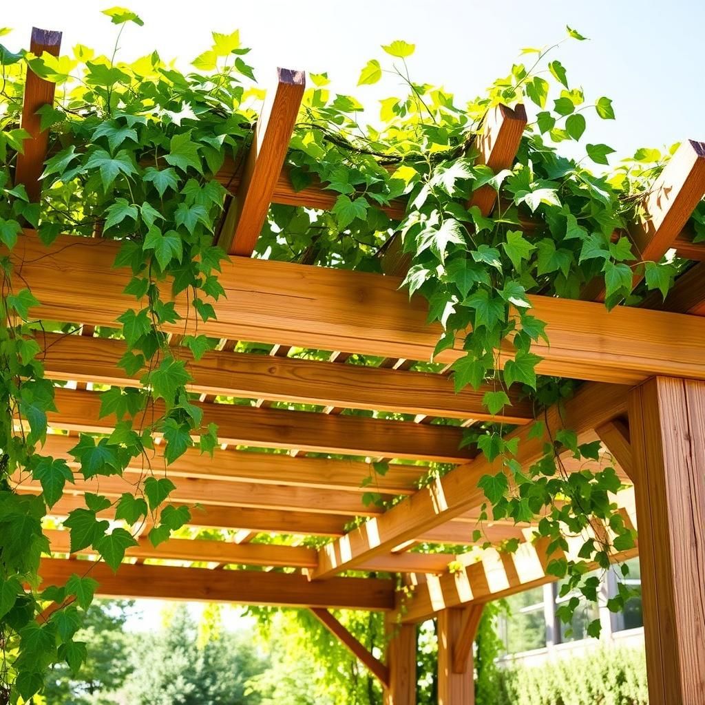 Rustic wooden pergola covered in lush green climbing vines, creating a shady and inviting outdoor living space.